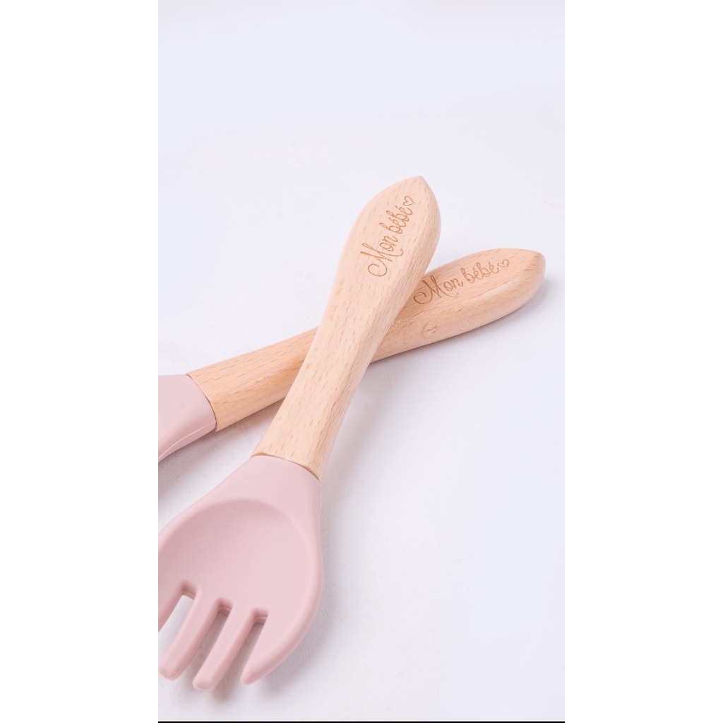 [MonBebe] Premium Silicone Wood Spoon and Fork | Sendok Garpu Set Alat Makan Bayi