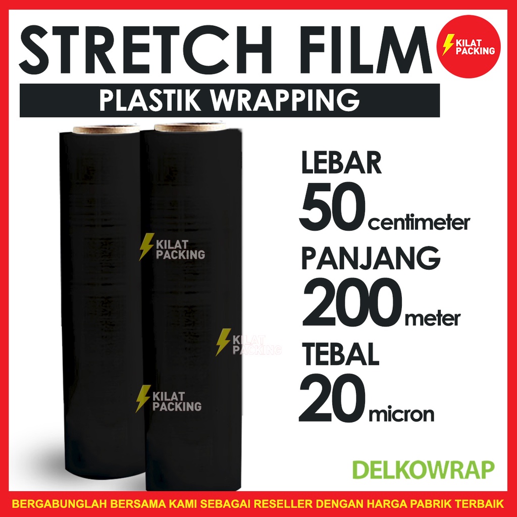 

PLASTIK WRAP KUAT TERMURAH - STRETCH FILM HITAM - DELKOWRAP - 50CM X 200M DUS GOJEK/GRAB