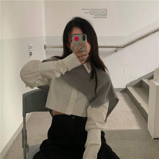 Suhao musim gugur setelan dua potong gaya Korea ceruk desain selendang top longgar bagian pendek all-match kemeja lengan panjang fashion wanita
