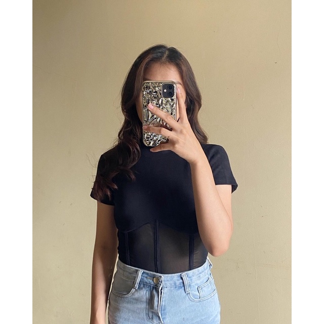 Preloved black mesh crop top 99koutlet | Atasan wanita crop top