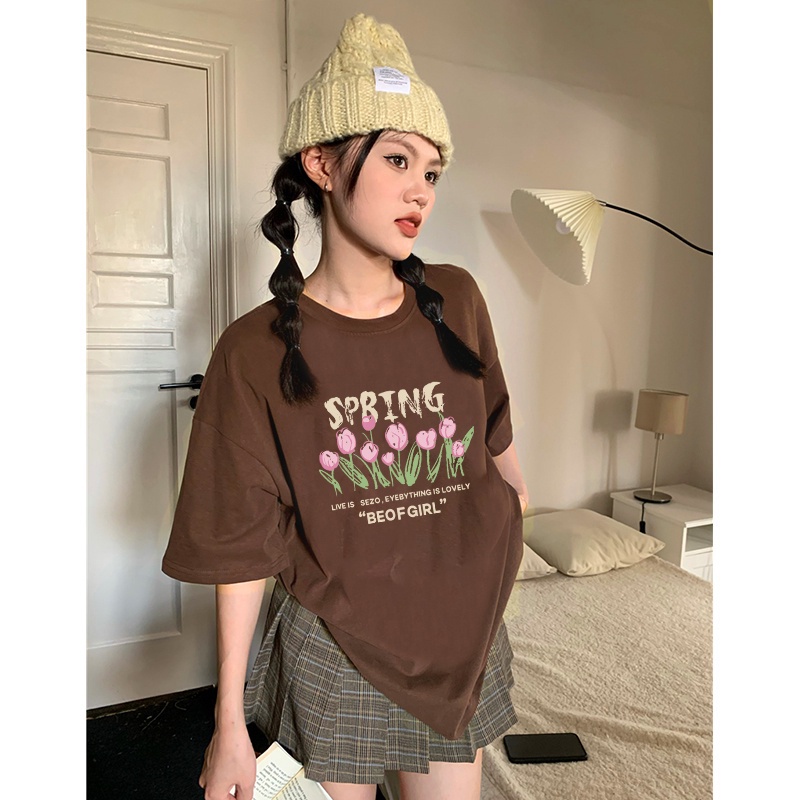 [100%  Katun]Vintage Kaos Lengan Pendek Cream Atasan Wanita Oversize Flower Printed T-shirt Kekinian Korean Style/kaos anak perempuan