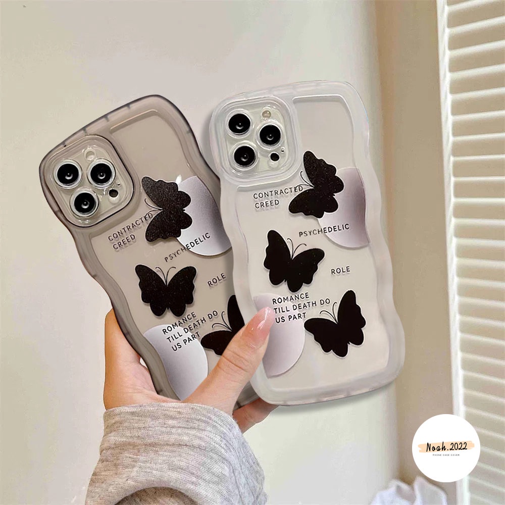 IPHONE Casing Lembut Kompatibel Untuk Iphone14Plus11 12 13 Pro Max 6 6s 7 8 Plus X Xr Xs Max SE 2020kecil Hitam Kupu-Kupu TPU Phone Case Wave Edge Back Cover