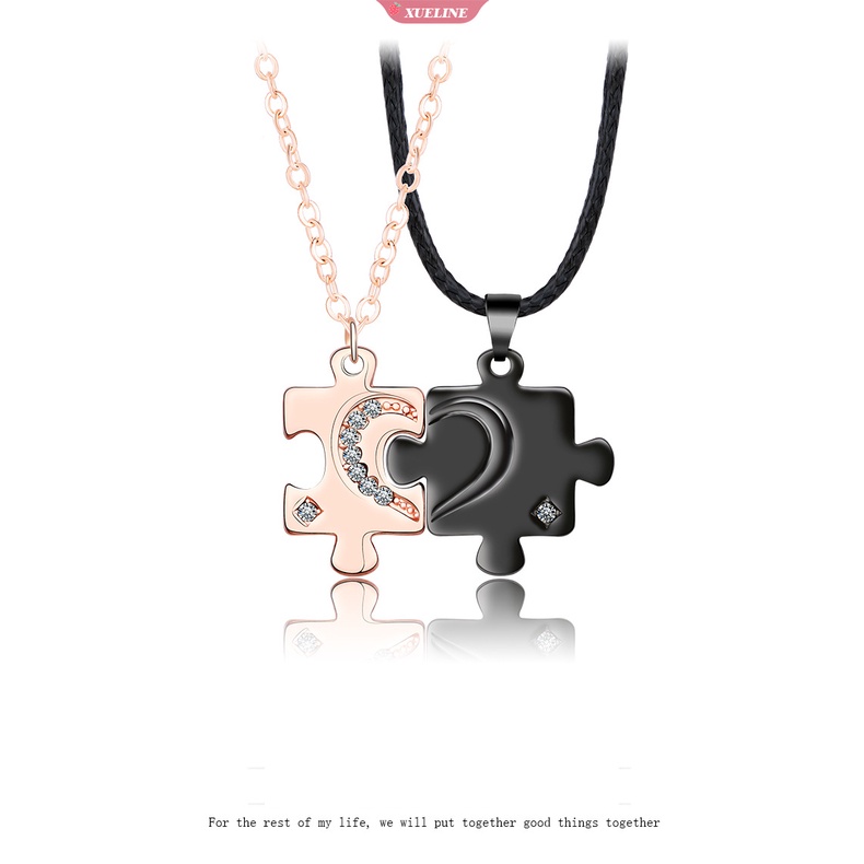 2buah Pria Wanita Pasangan puzzle Liontin Kalung Rantai stainless steel 3jenis Warna Kalung set Perhiasan Hari Valentine [ZXL]