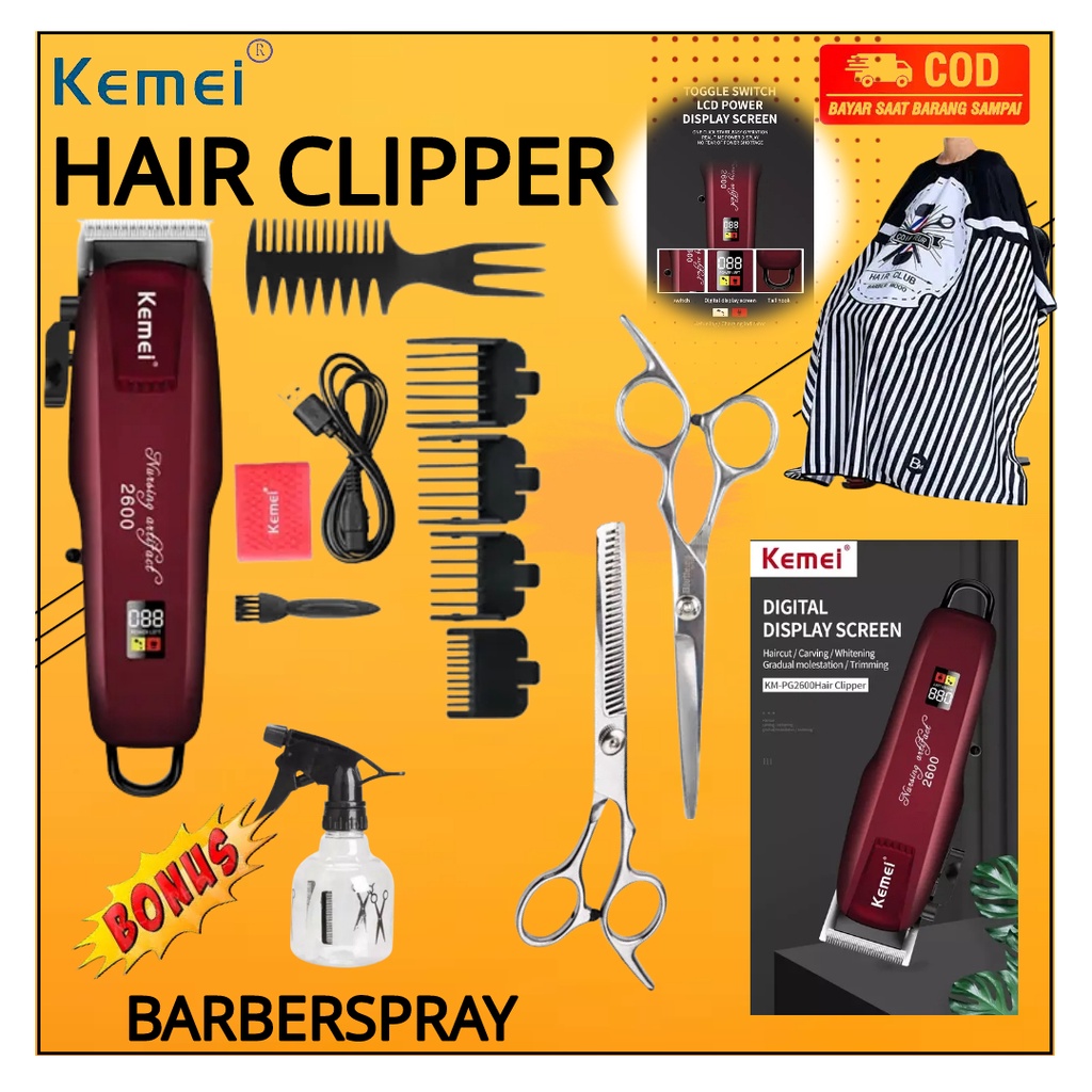 Alat Cukur Rambut Kemei Original Paket Barbershop Hair Clipper 1 Set Gunting Cukur Kain Kep Barbersp