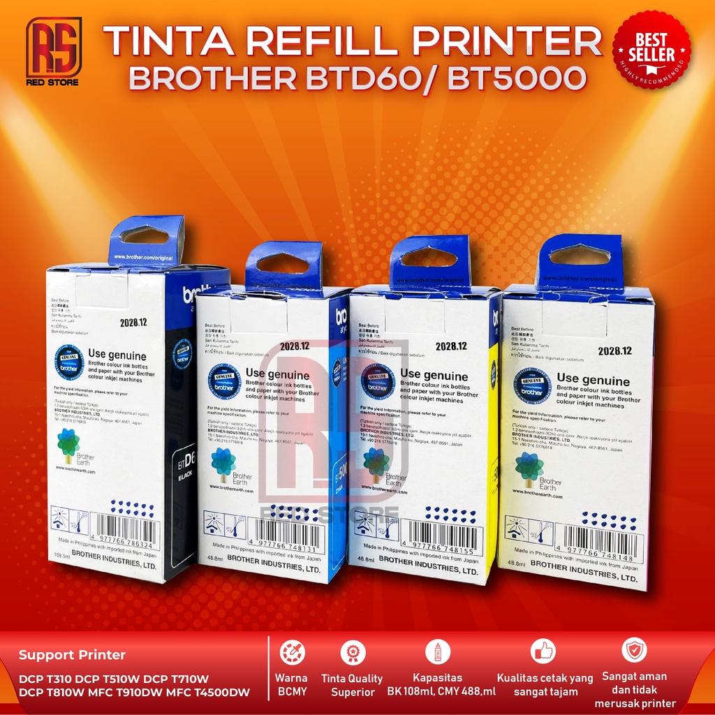 1 SET 4 PCS Tinta Brother BTD60BK BT5000 For Printer DCP T310 T510W T710W T810W