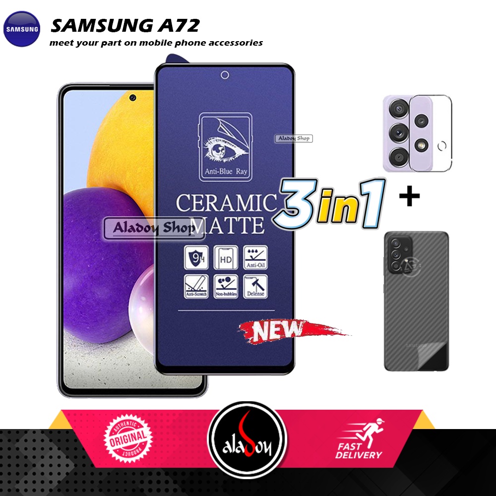 PAKET 3IN1 Anti Gores Blue Matte Anti Glare Samsung A72 + Tempered Glass Camera dan Skin Carbon