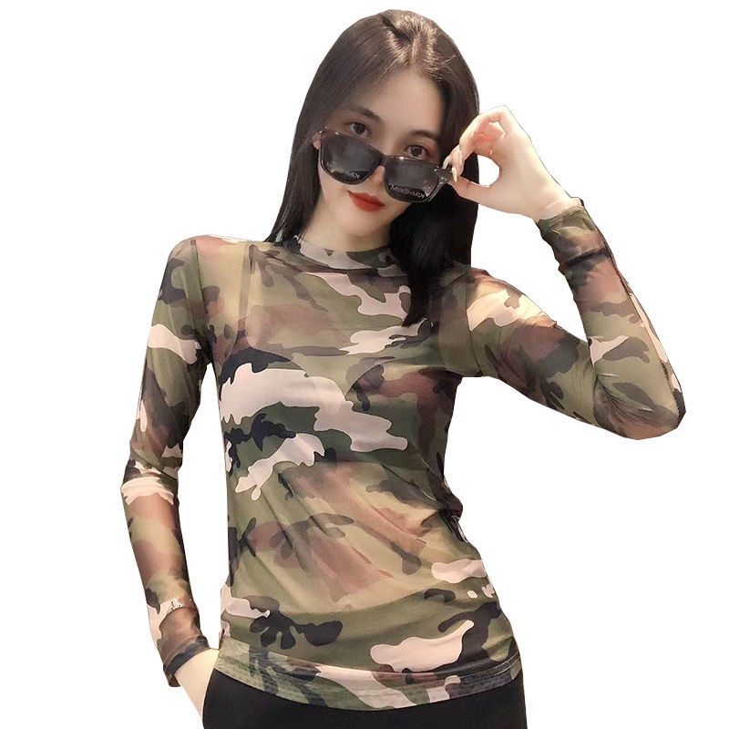 ✳Suhao Kamuflase Mesh Lengan Panjang T-shirt Wanita In Tide 2021 Musim Gugur Baru Fashion Hijau Tentara Bagian Tipis Mikro permeabel Kemeja Top