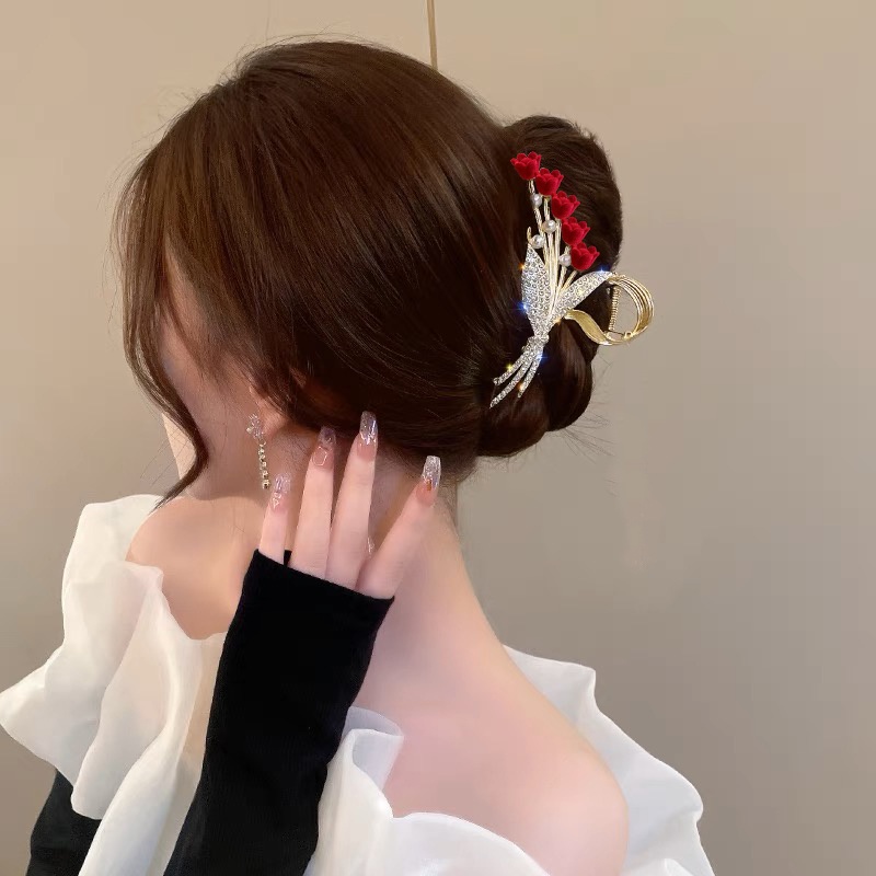 Merah Paduan Klip Rambut Berlian Imitasi Mutiara Jepit Rambut Bunga Kupu-Kupu Jumbai Rambut Cakar Wanita Tahun Baru Aksesoris Rambut