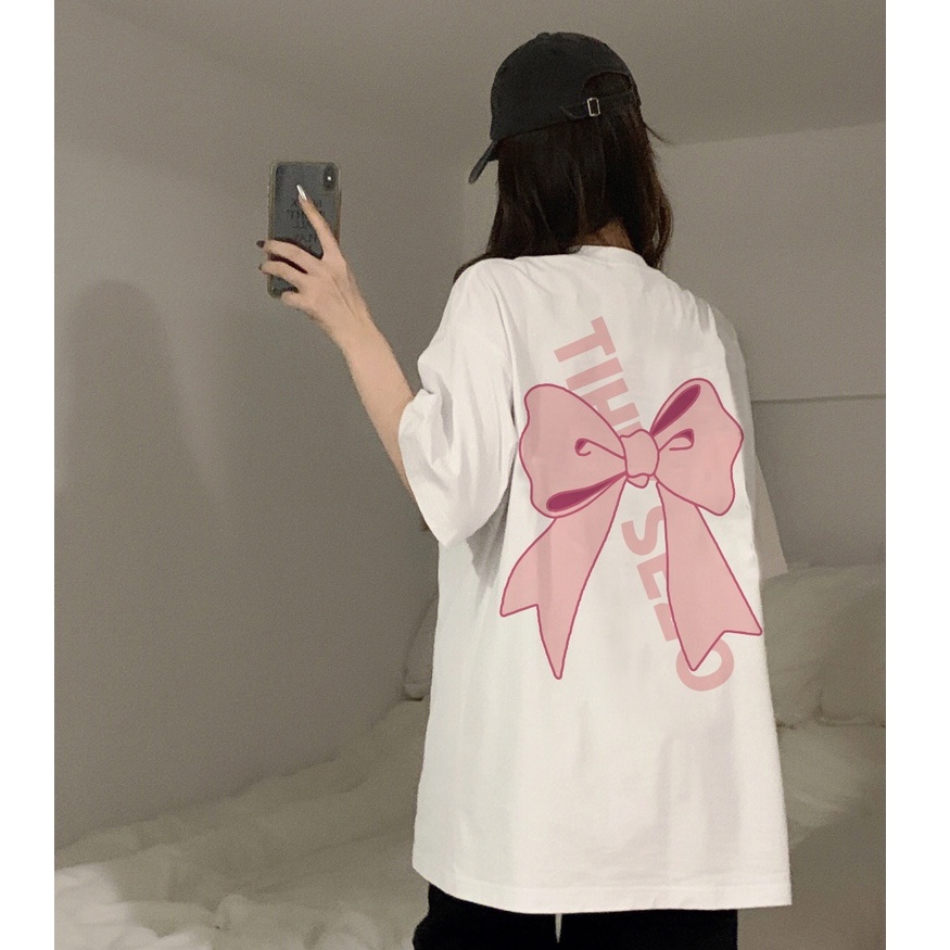 [100%  Katun]Kaos Pink Bow Oversize Kekinian Lengan Pendek Korean Style Printed T-shirt Baju Wanita Hitam