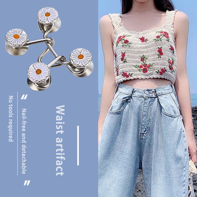 【COD】Kancing Pinggang Jeans Bunga Daisy Putih Yang Dapat Dilepas Tanpa Kuku Pinggang Peregangan Kancing Logam yang Dapat Disesuaikan-FA