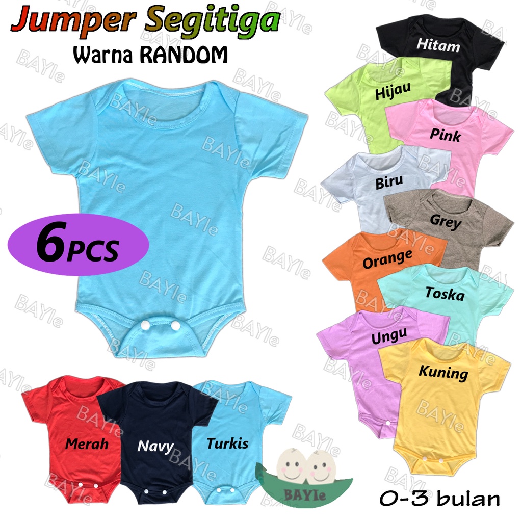 BAYIe - 6 PCS Baju Bayi model Jumper/Jumpsuit/Romper Segitiga Pendek POLOS Bahan Katun new born 0-3 Bulan