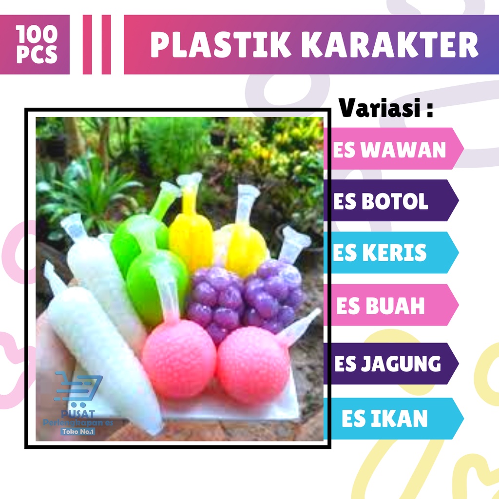 Kemasan Plastik Es Pudot isi 100pcs Pelastik Karakter Bungkus Puding Sedot Buah Ikan Wawan Botol Jag