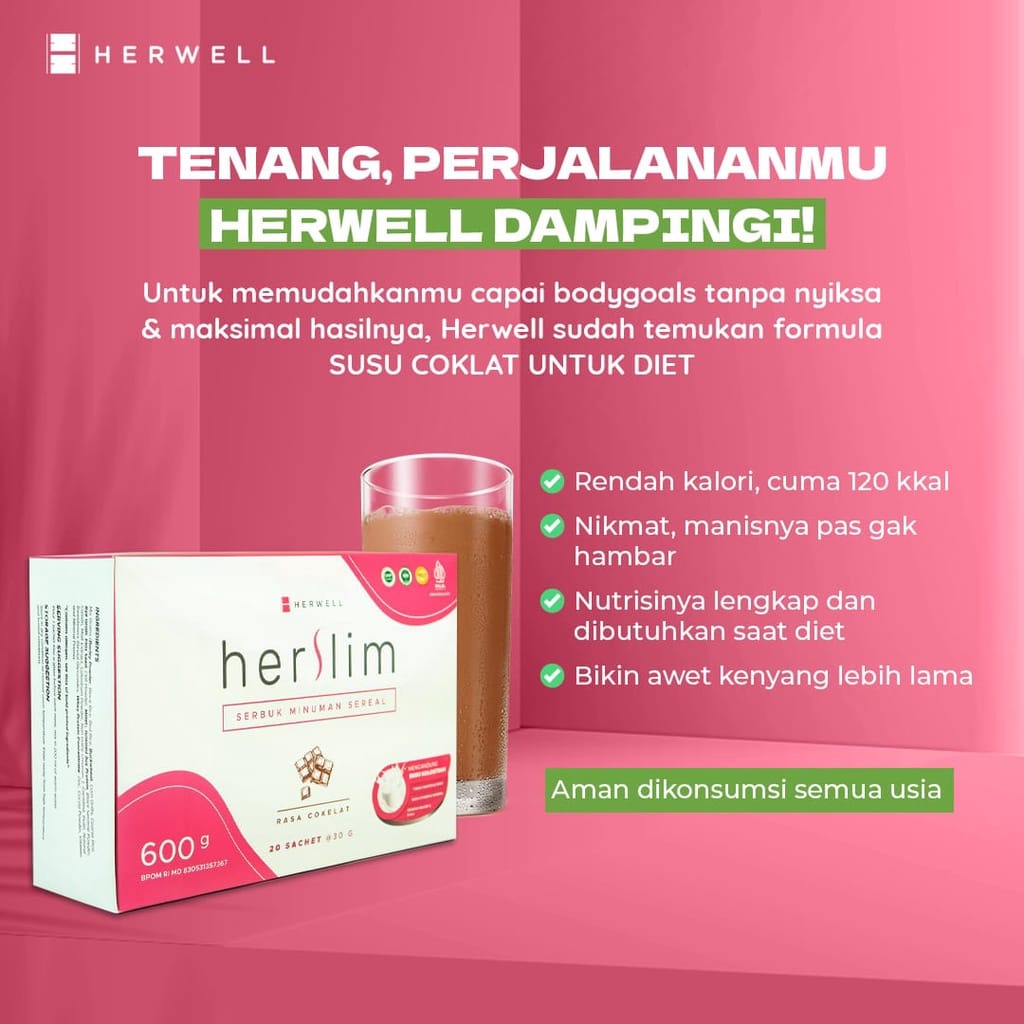 HERSLIM 1 SACHET - MEAL REPLACEMENT UNTUK DIET YANG KAYA NUTRISI RENDAH KALORI DAN LEMAK HERWELL HERWEL HER SLIM SASET ECER ECERAN RASA COKLAT BPOM HALAL