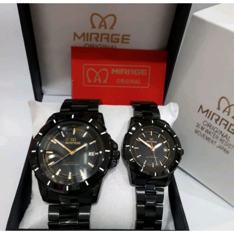 jam tangan couple;MIRAGE M8713BRP hitam~ORIGINAL~WATER RESISTANT~TGL~STAINLESS ANTI KARAT