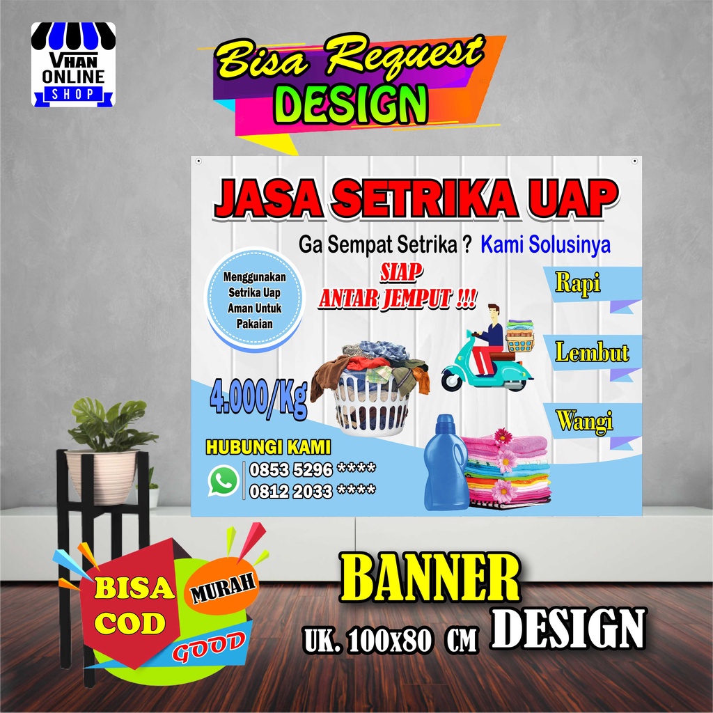 Jual Spanduk Banner Jasa Setrika Uap, Laundry Pakaian Bagus Keren Murah
