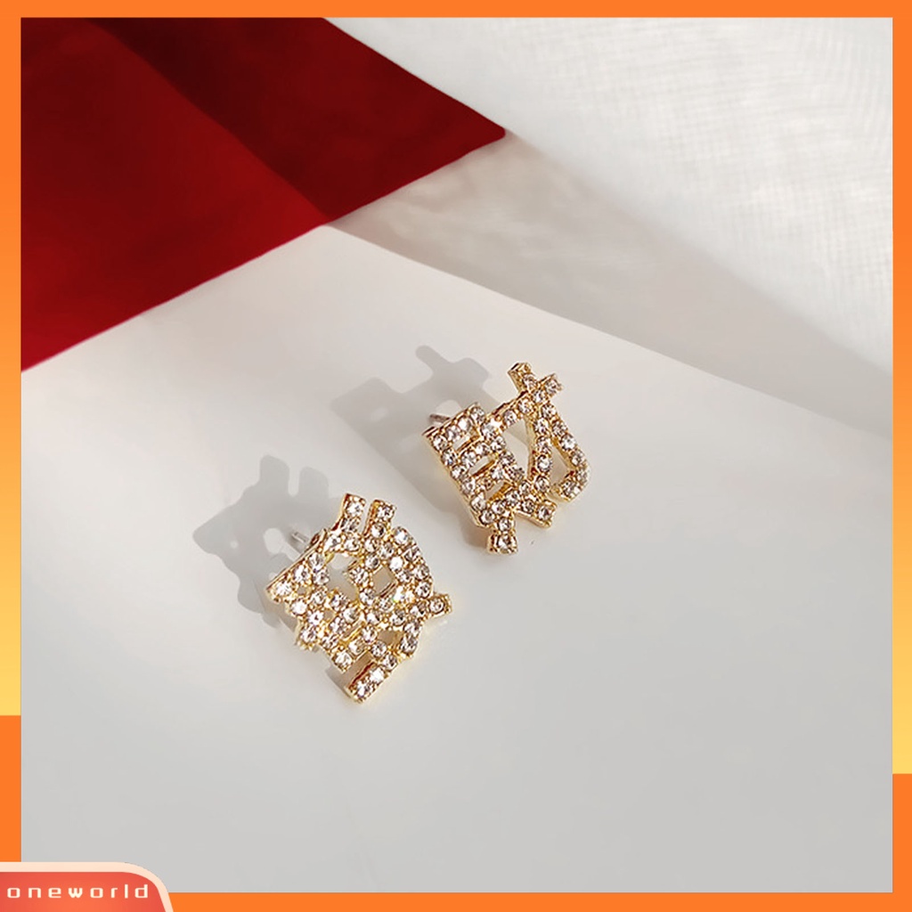 [WONE] 1pasang Ear Studs Dengan Berlian Imitasi Fashion Karakter Cina Bentuk Wanita Anting Untuk Pakaian Sehari-Hari