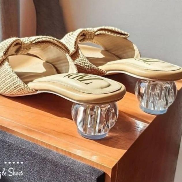 Paling Diminati SEPATU HAK KACA TAHU TINGGI 5CM / SEPATU WANITA PREMIUM SU91 BAHAN KAIN KREM