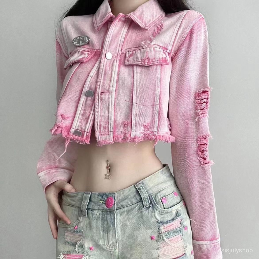 2022 Musim Gugur Spice Girl Pink Washed Torn Denim Jaket Pendek Jaket Mode Longgar