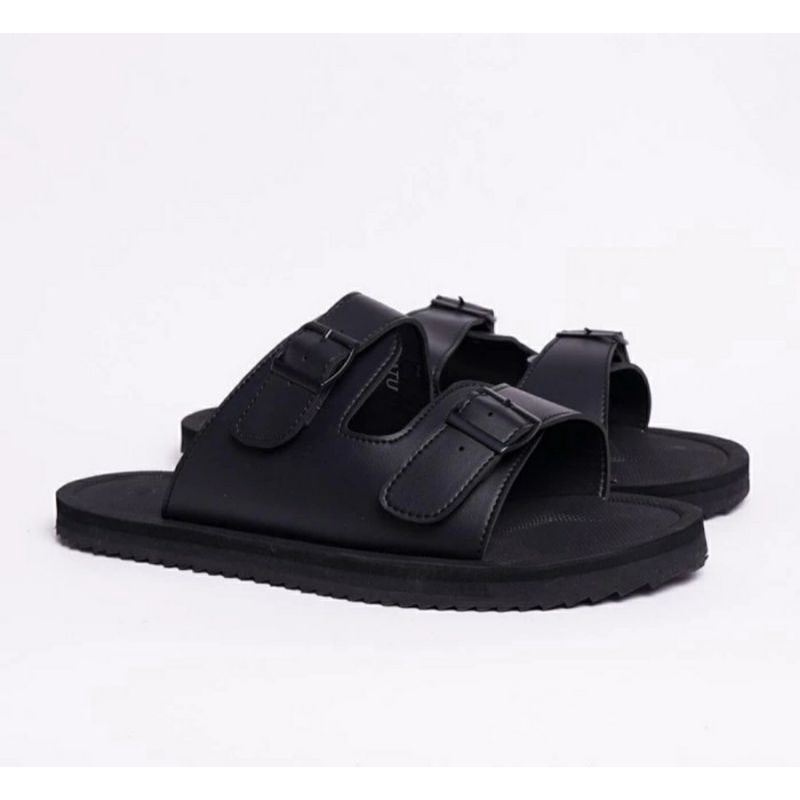 Sandal Kulit Pria Z01.Black Big Size 44-45-46-47-48-49 Sendal Slide JUMBO Slipper Cowok Kaki Gemuk Lebar Super JUMBO Kualitas Tebal Premium Hitam Kulit, 44