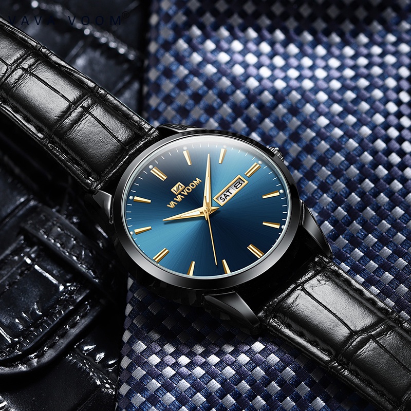 VAVAVOOM Jam Tangan Pria Original Anti Air Tahan Kulit Analog Men Watch Hitam Putih Biru Cod-6