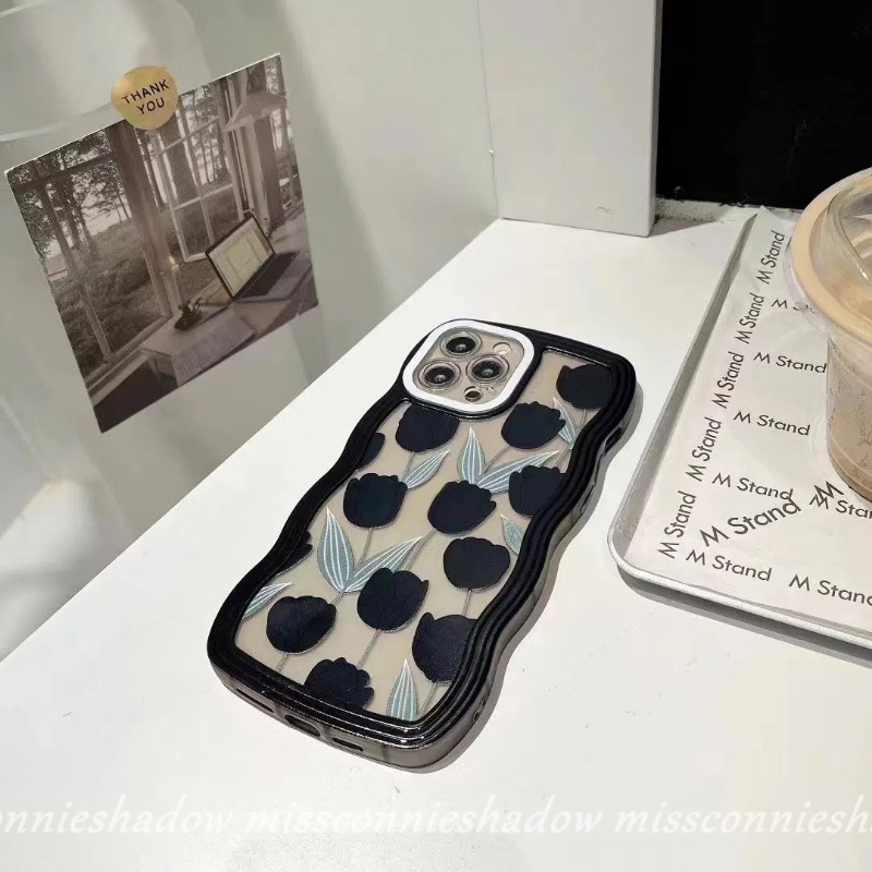 Case Kompatibel Untuk iPhone XR 11 Pro Max7 8 6s 6 Plus12 13 14 Pro Max14 Plus X XS MAX SE 2020gelombang Tepi Hitam Tulip Daun Hijau Silikon Lembut Back Phone Cover