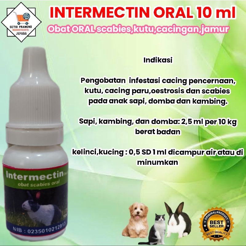 intermectin oral 10 ml obat untuk scabies jamur kutu Ringworm cacingan pada hewan kelinci kucing aya