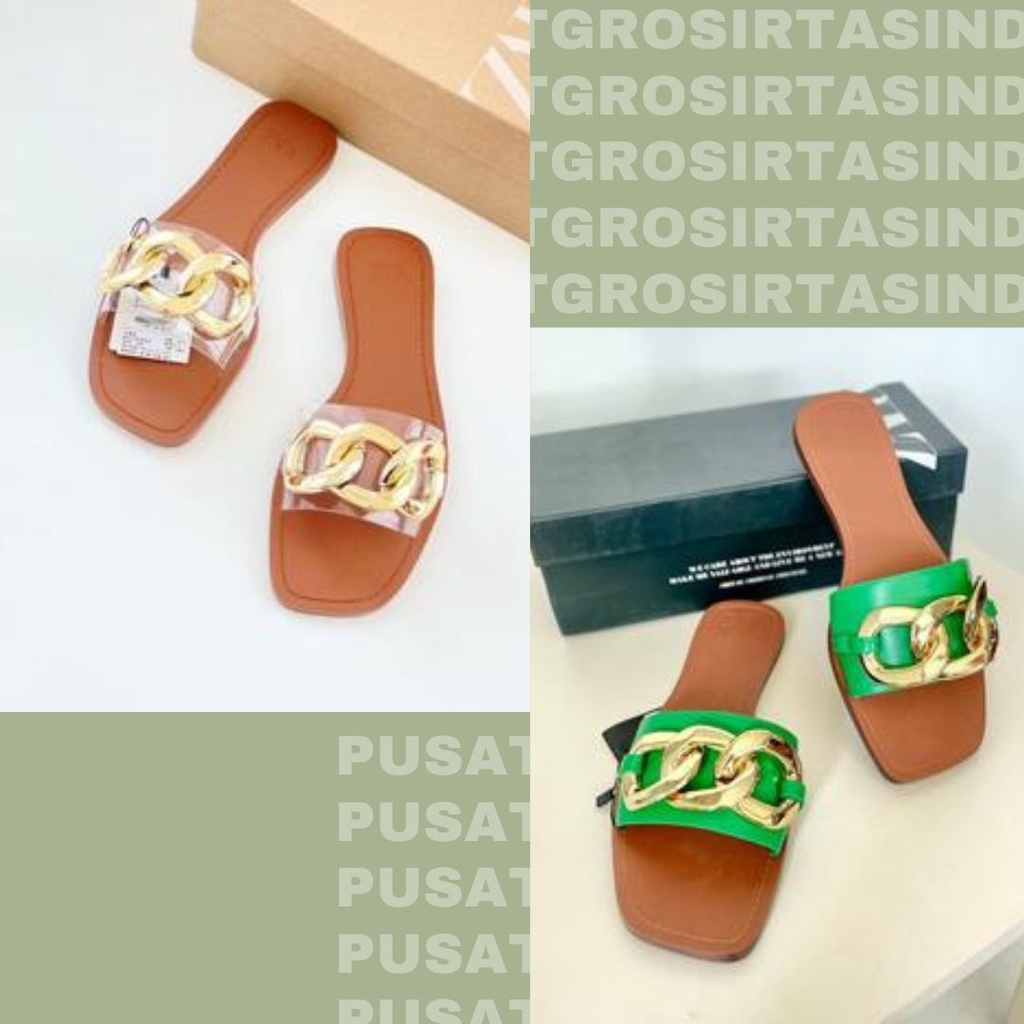 SANDAL WANITA ZS-3510 FLAT SANDALS WITH METAL CHAIN DETAIL