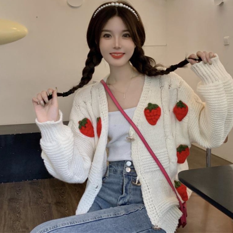 MOOGU ♡ Kardigan rajut longgar stroberi berdiri cardigan korea coat wanita