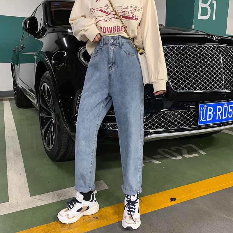Celana Jeans Wanita Pinggang Elastis / Biru muda Highwaist Boyfriend Jeans Wanita
