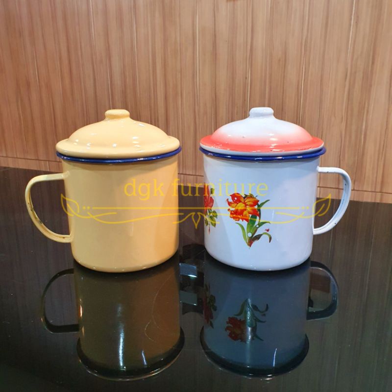 Cangkir Mug Enamel Seng Bertutup Tutup Motif Bunga Polos Diameter 12 cm