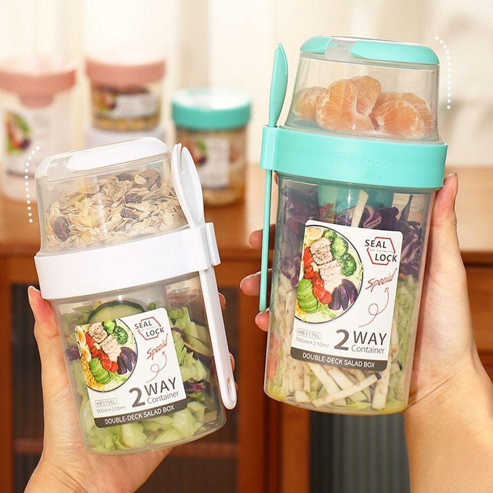 [Elegan] Salad Cup Portable Plastik Dengan Garpu Dipisahkan Double-layer Fresh-keeping Lunch Box