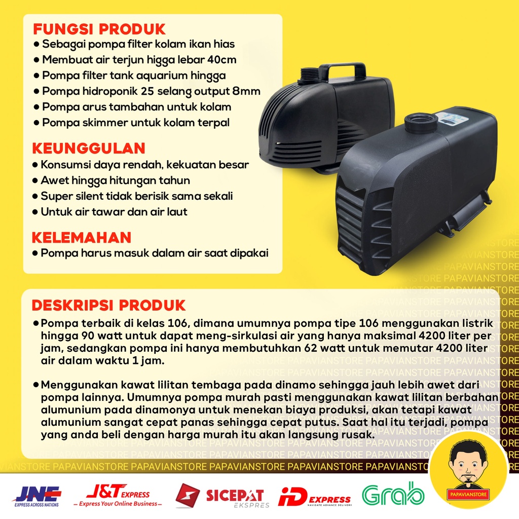 Pompa Kolam Ikan Koi Mesin Air Terjun Celup Low Watt Submersible Aquarium Water Pump WP - 106