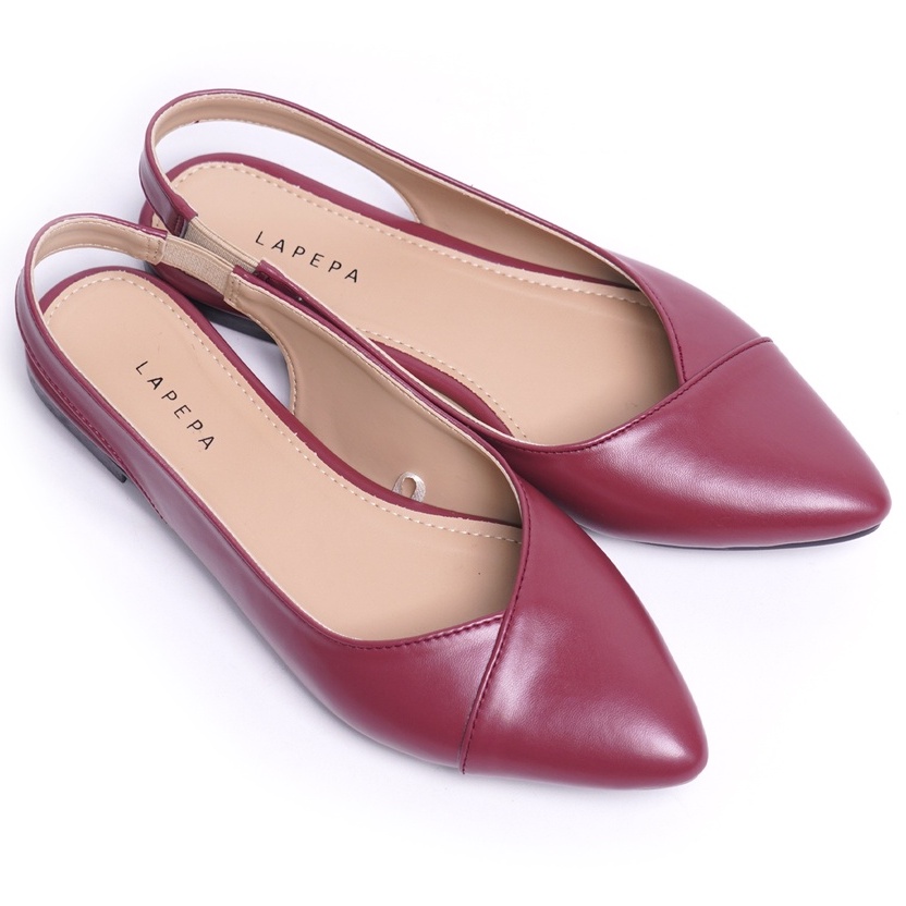 LAPEPA YUK - Sepatu Flat Shoes Wanita FREYA Untuk Kerja kantor Spatu Flatshoes Cewek Kuliahan Jalan Santai Casual Empuk Nyaman Slop Lancip Warna MAROON Kasual Merah Strap Tali Selop Belakang Premium Original Kekinian Terbaru Shoes ORI Mall Official Store