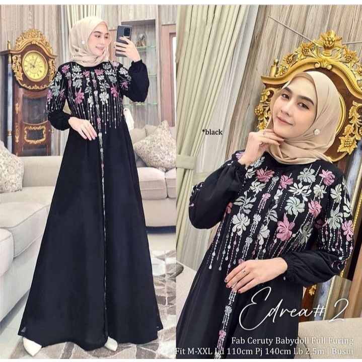 COD - Edrea Dress Maxy Gamis Muslim Matt Ceruty Mix Bordir l Dress Maxi OOTD Kondangan Wanita Premium