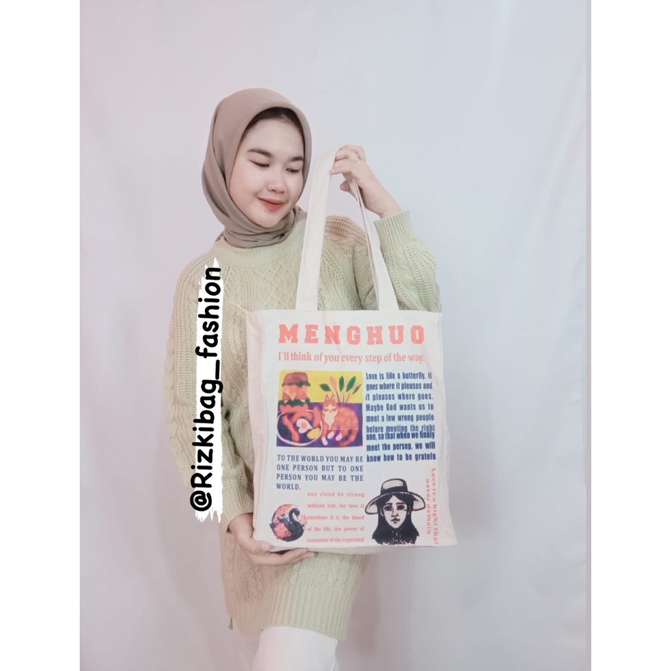 Totebag Kanvas Wanita Pria Aesthestic Menghuo Pakai Resleting