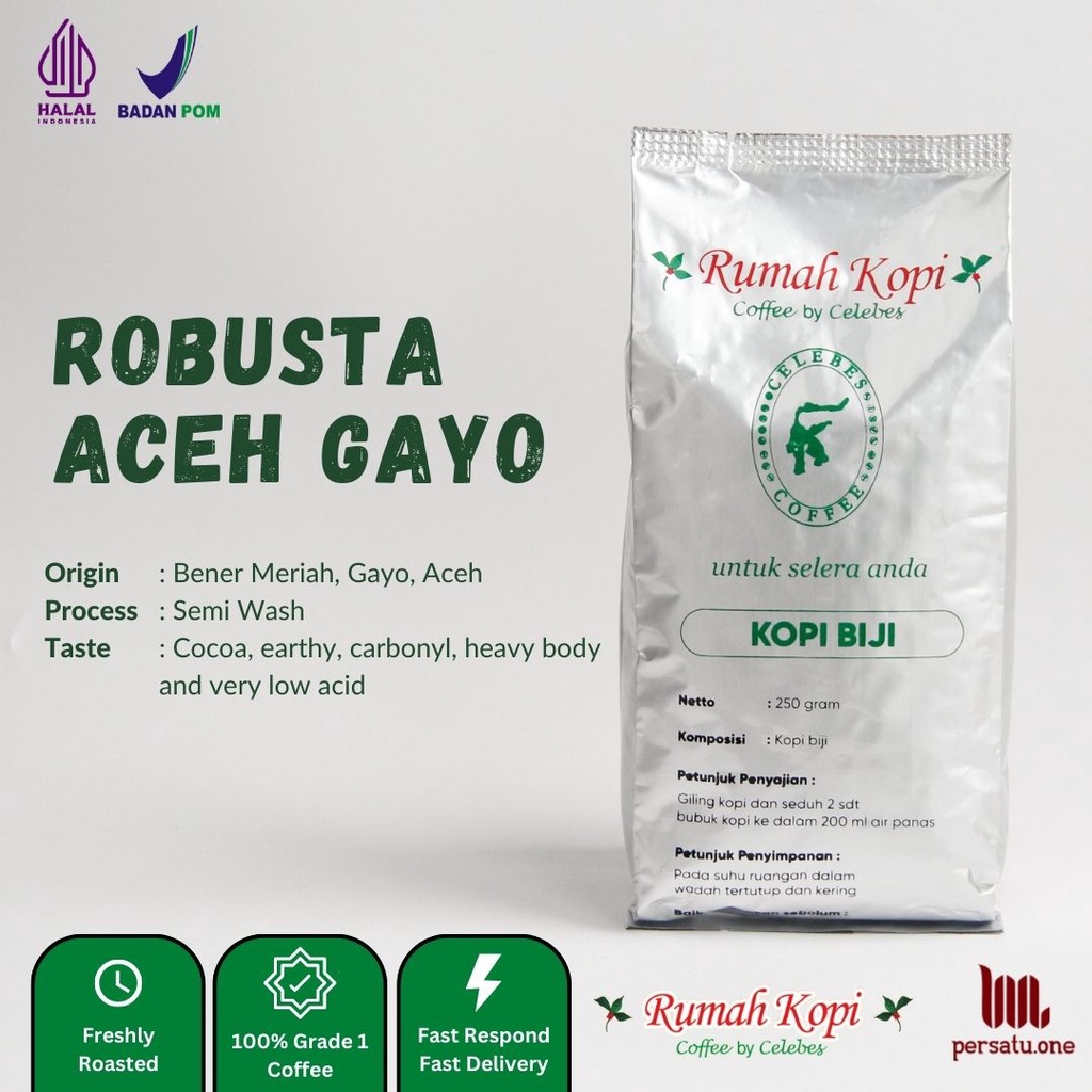 

Kopi Robusta Aceh Gayo Biji/Giling Halus/Medium | CELEBES COFFEE | Kemasan 100, 250, dan 500 gram