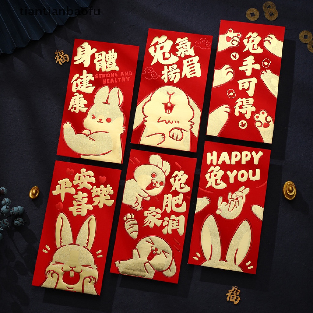 [tiantianbaofu] 6 Pcs Kartun Anak Hadiah Uang Packing Tas Amplop Merah Festival Musim Semi Hongbao 2023persediaan Festival Tahun Kelinci Cina Butik