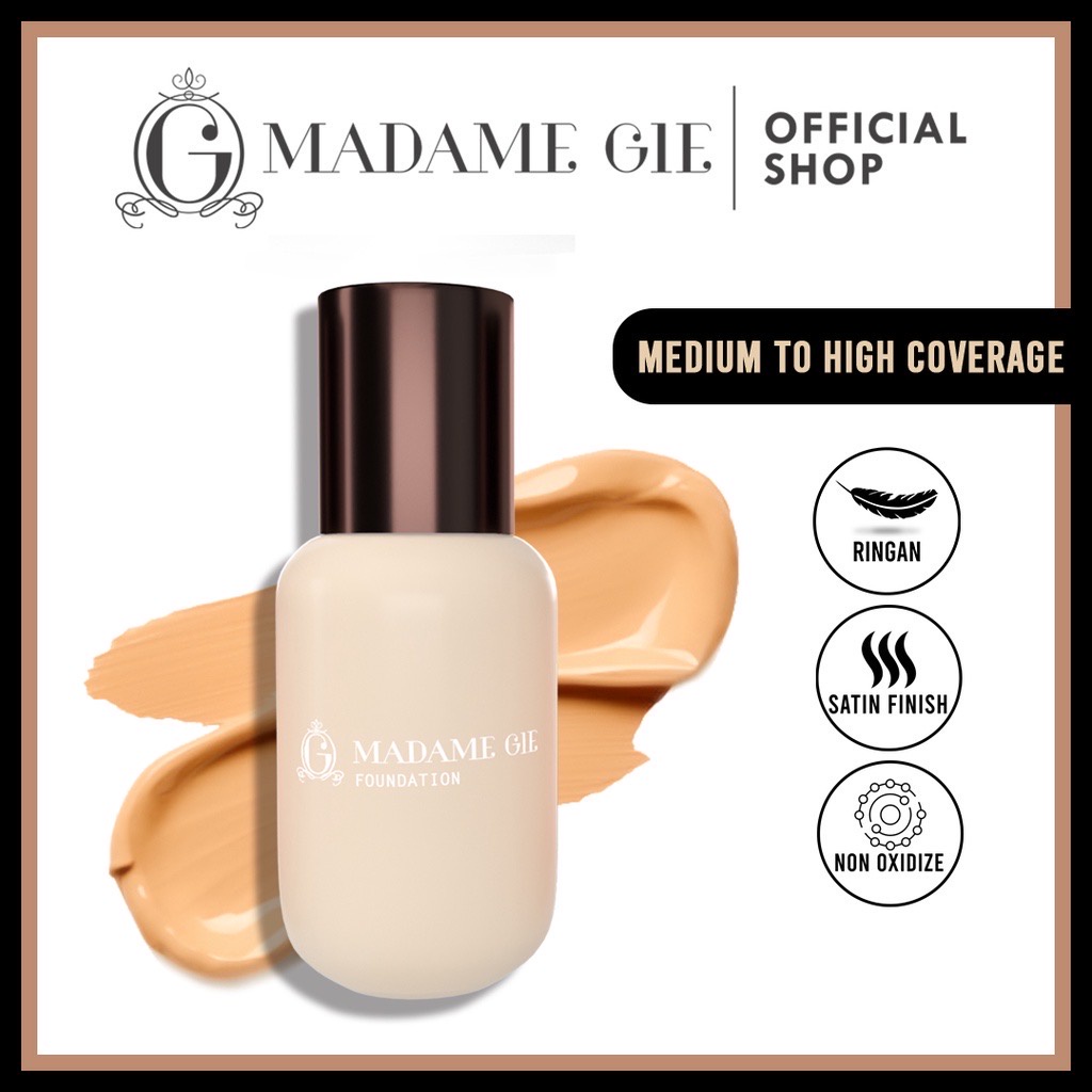 MADAME GIE Airy Coverstay Foundation Indonesia / High Coverage Longlasting 36g Oil Control Satin Smooth Non Cracky Stay Up To 12 H / Matte Light / Tahan Lama / Porcelain Light Medium Natural Tan Cover Stay Liquid Cosmetic Face Make Up Concealer Corrector