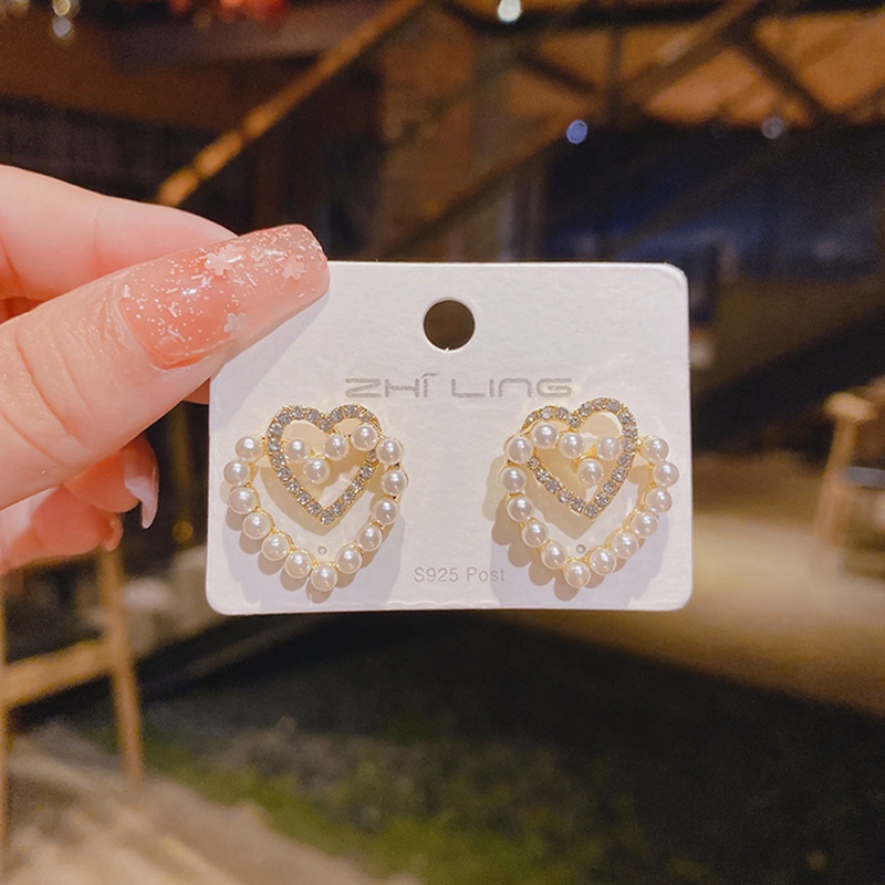 Baru Manis Berlian Imitasi Mutiara Double Heart Stud Earrings Untuk Wanita Gadis Fashion Lucu Perhiasan Pesta Korea Cinta Anting Hadiah