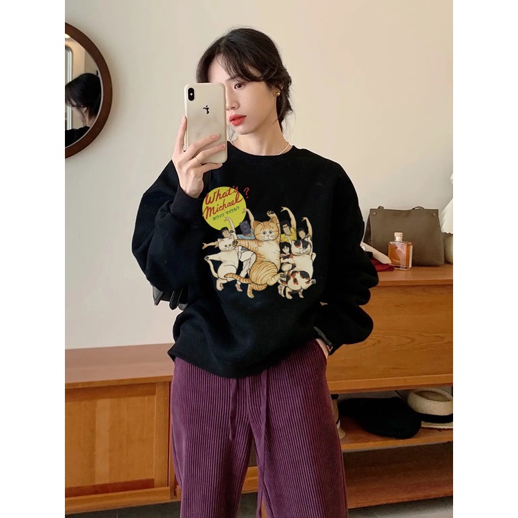 XiaoZhaiNv Korean Style Dancing Cat Pattern Lengan Panjang Baju Sweater Wanita