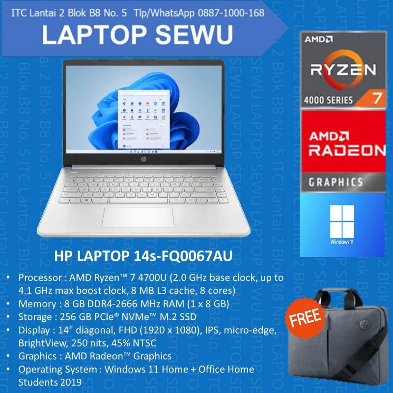 HP 14S FQ0067AU RYZEN 7-4700U 8GB SSD 256GB AMD RADEON WIN 11 BARU