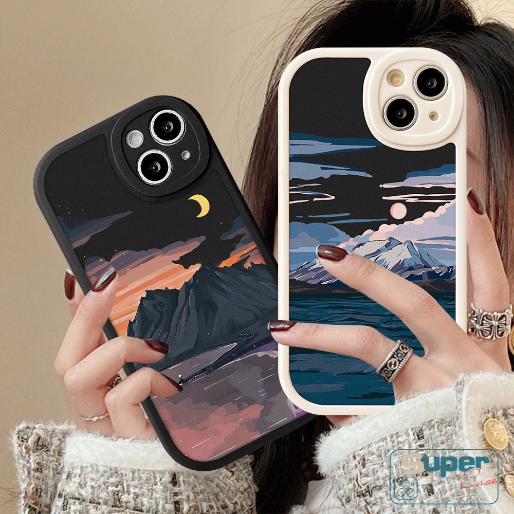 IPHONE Casing Ponsel Lukisan Cat Minyak Kompatibel Untuk Iphone14 13 12 11 Pro Max7 8 6 6s Plus 14plus XR X XS MAX SE 2020pasangan Salju Gunung Sunset Pemandangan Lembut TPU Case