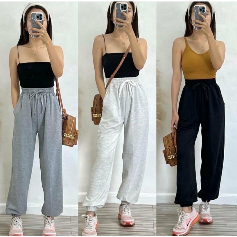 Bomi Jogger Pants High Waist Celana Panjang Wanita Pinggang Full Karet Bahan Babyterry