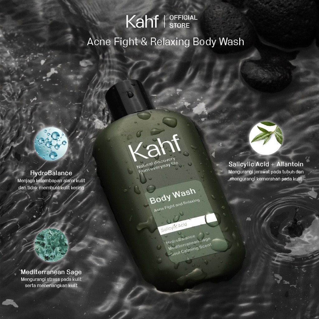 KAHF Acne Fight And Relaxing Body Wash Indonesia / Sabun Mandi 200ml / Salicylic Acid HydroBalance Mediterranean Sage Soul Calming Scent / Skincare Skin Hair Care Series / Pembersih Kulit Badan Tubuh Rambut / Brightening Cooling Energizing Refreshing