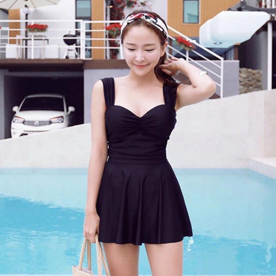 𝐑𝐄𝐀𝐃𝐘 𝐒𝐓𝐎𝐂𝐊 𝐒𝐀𝐅 - JESLIN black swimdress one piece + celana boxer pants / korean swimwear / beachwea