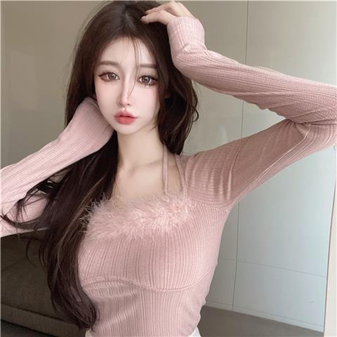 ▨♂❡Suhao Palsu Dua potong Bulu Dihiasi Top Slim Fit Sexy Slim Satu Bahu Rajutan Sweater Lengan Panjang