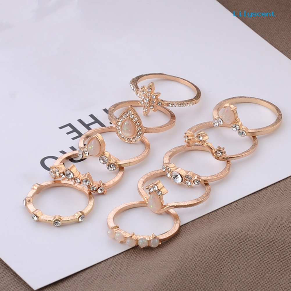 [LS] 10pcs/set Lady Water Drop Bintang Mahkota Opal Imitasi Susun Knuckle Midi Finger Ring