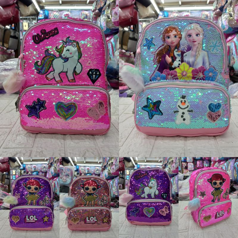 Tas Sekolah Anak TK PAUD/Ransel Sequin Usap LED LOL Unicorn Frozen