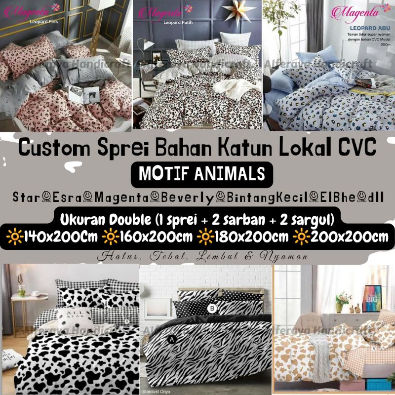 Sprei DOUBLE Bahan Katun CVC Motif Animals | Sprei King Size | Sprei Custom Motif Sapi Leopard Zebra