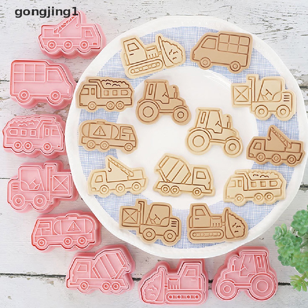 Ggg 8Pcs /set Kendaraan Teknik Mobil 3D Kartun Cookie Cetakan Biskuit Cutter Stamps DIY Fondant Plunger Kue Alat Dapur Baking Pastry Bakeware Baking Tool ID